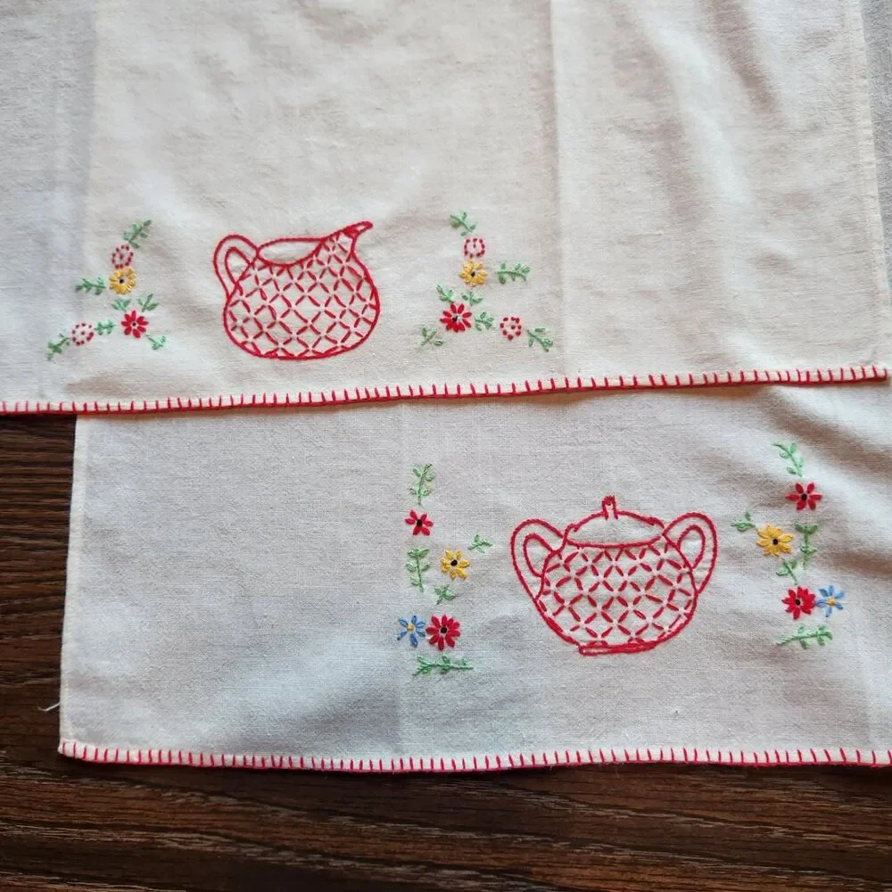 VTG Embroidered Vintage Tea Towels Set 2 Red Creamer / Sugar Hand Made Stitched